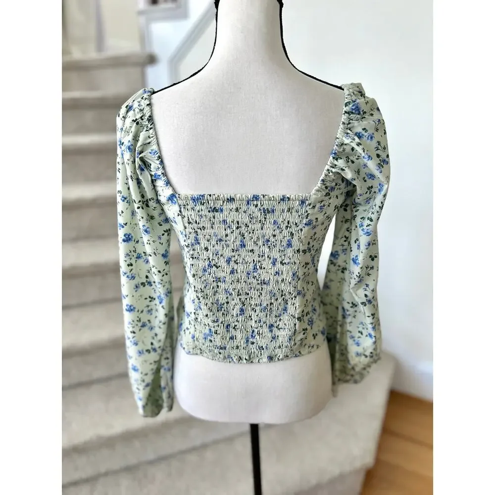 Abercrombie Light Green & Blue Ditzy Floral Puff Sleeve Cottagecore Blouse